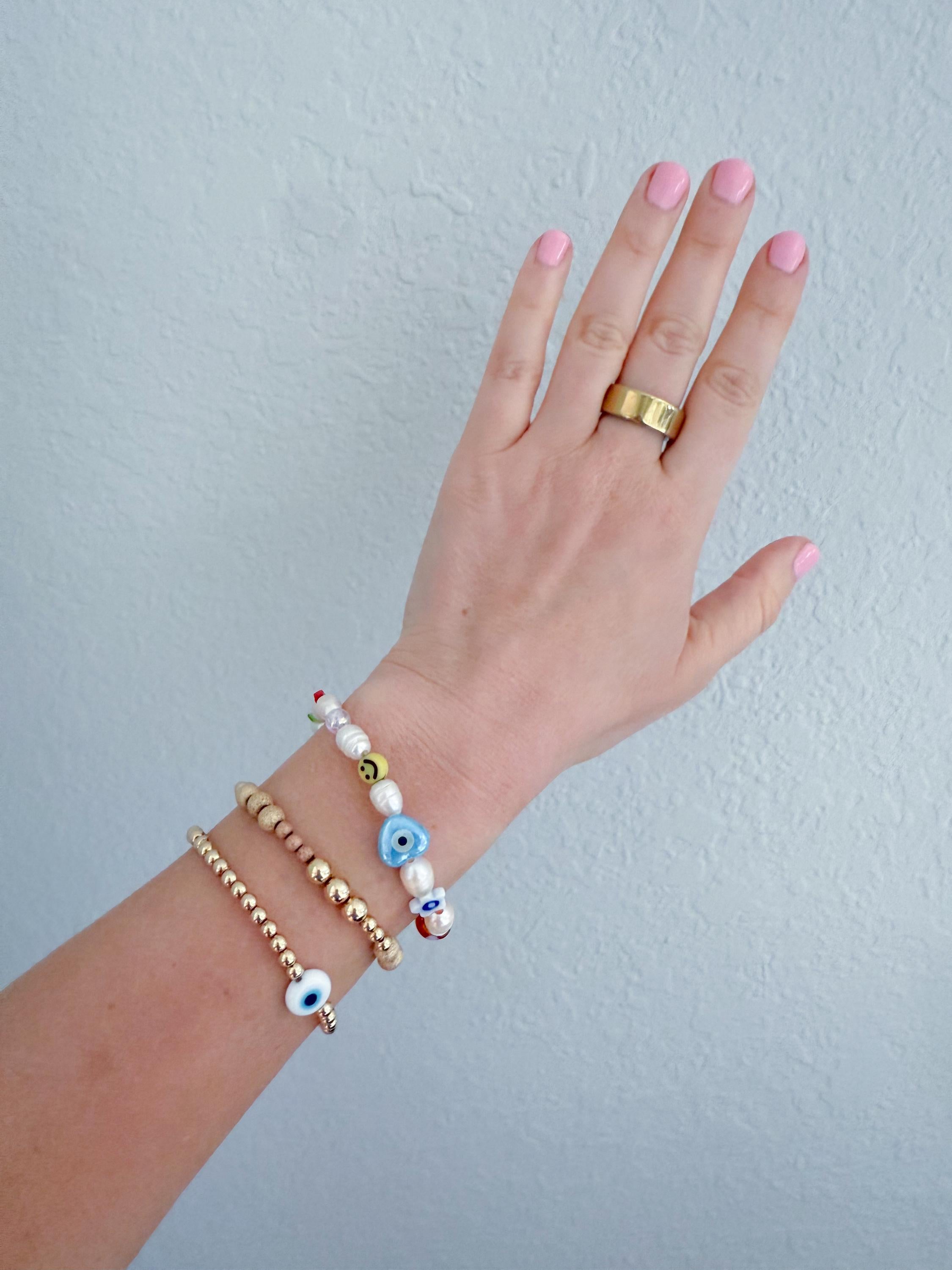 Freshwater Pearl Bracelet, Evil Eye, Smiley, Strawberry Charm, Gold Plated Beads